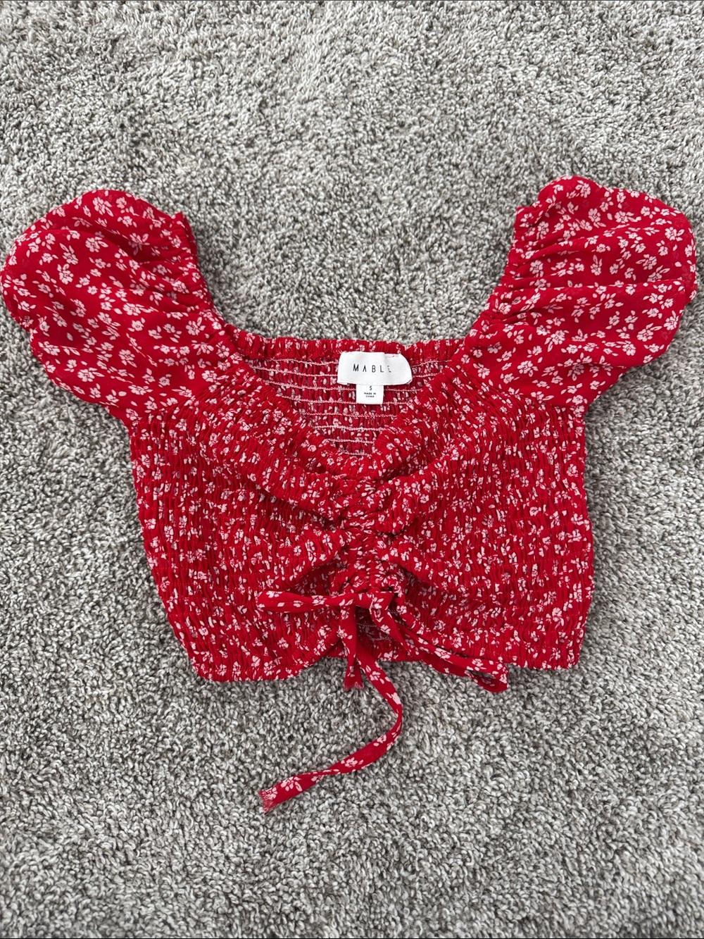Mabel Red Floral Smocked Tie-Front Crop Top with Puff Sleeves